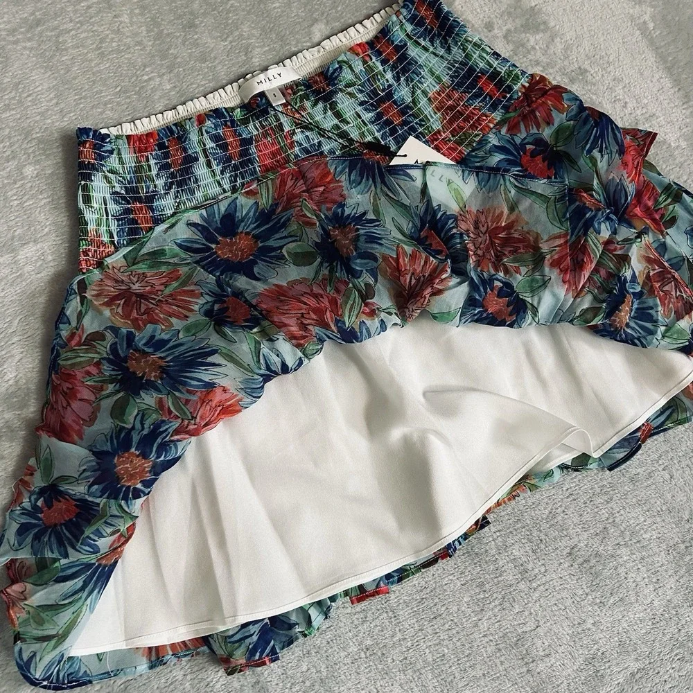 MILLY Floral Tiered Mini Skirt Sz 6 Wyatt Paint Dahlia Smocked Boho 26ES59